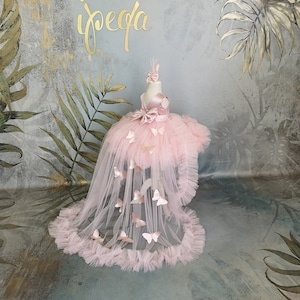 Baby Butterfly Dress, Girl Prom Gown Rhinestones & Detachable Train, Pageant Frock, Flower Girl Dress image 3