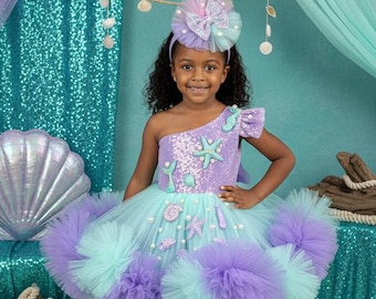 Mermaid Themed Birthday Dress included detachable tail, Under the Sea Costume, Custom Starfish Prom Gown