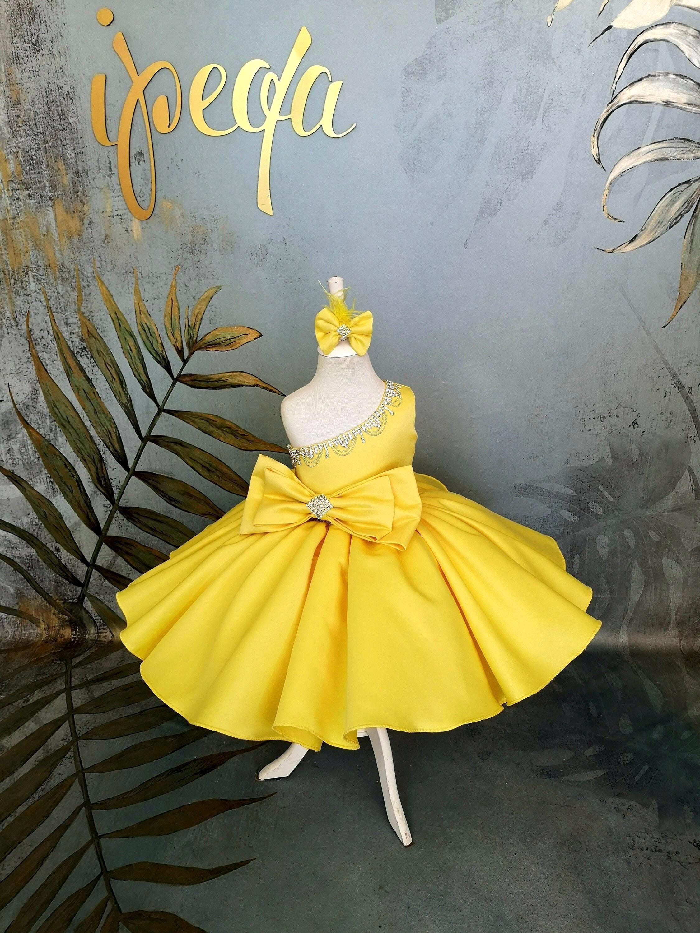 Yellow Satin Baby Pageant Costume, Custom Girl Garment, Flower Dress, Fancy Kid Couture, Prom Gown, Birthday Frock, Toddler Outfit