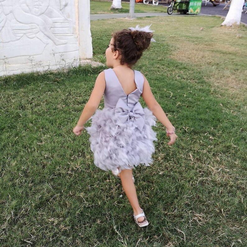 Gray Fur Toddler Dress Girl Feather Birthday Outfit Baby Etsy