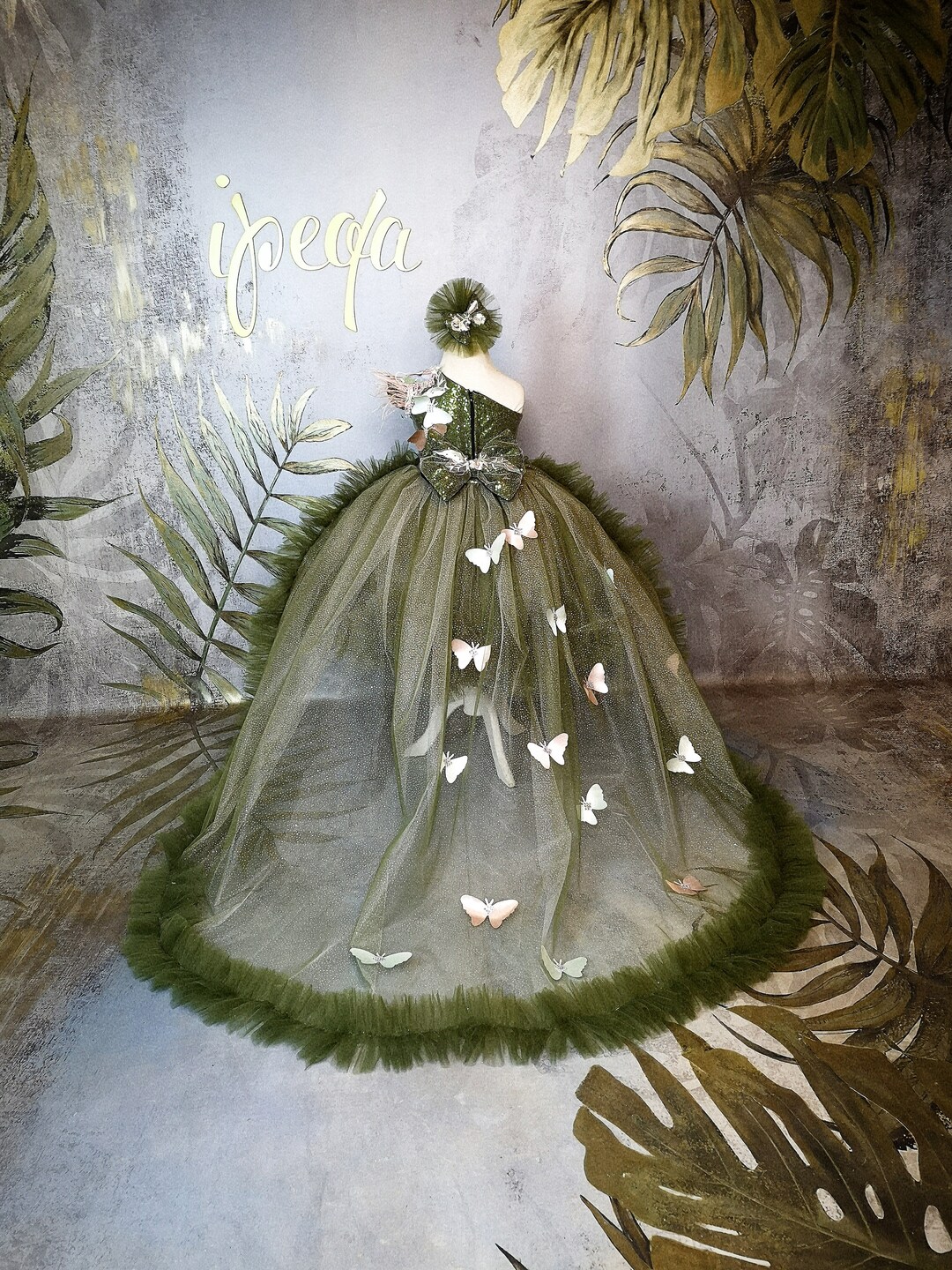 green dress with butterflies 3D Butterfly V-Neck Short Puff Sleeve Dress by Juliet 901