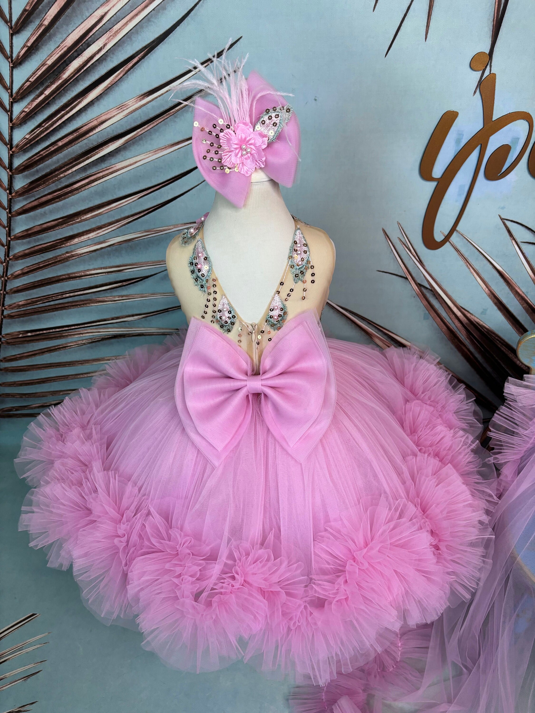 Pink Toddler Pageant Dress with Flower Lace & Detachable Train