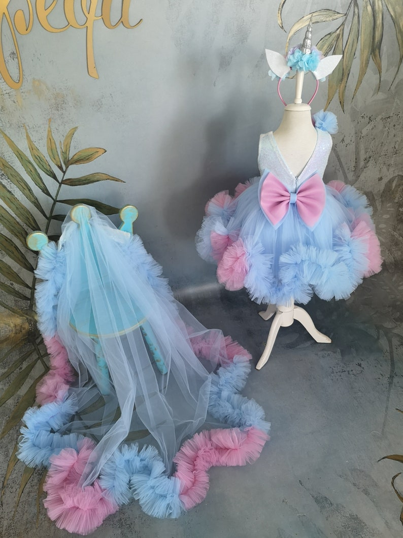 Long Tail Girl Mermaid Dress, Baby Pageant Outfit with detachable train image 2