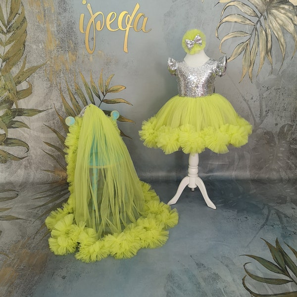 Neon Green Baby Girl Tutu Pageant Dress, Kiddie Frock detachable train, Long Tail Kids Prom Grown, Toddler 1st birthday Outfit, Minnie bride