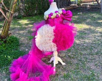 Hot Pink and Gold Toddler Pageant Dress for special occasion with Detachable Train, Fushia Sneaker Ball Dress