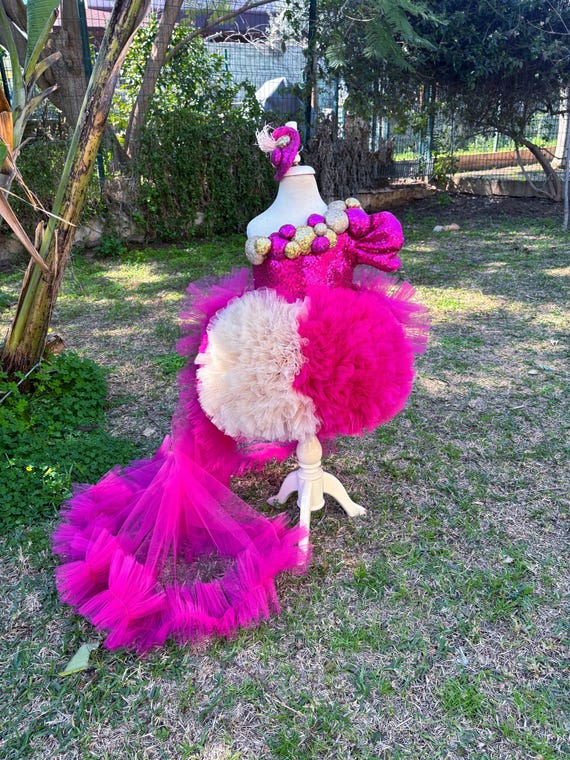 Hot Pink and Gold Toddler Pageant Dress for special occasion with Detachable Train, Fushia Sneaker Ball Dress