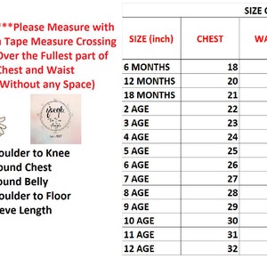 May include: Size chart for children's clothing with measurements in inches for chest, waist, shoulder to knee, and shoulder to floor. The chart includes sizes for 6 months to 12 years old.