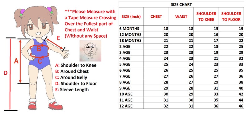 May include: Size chart for children's clothing with measurements in inches for chest, waist, shoulder to knee, and shoulder to floor. The chart includes sizes for 6 months to 12 years old.