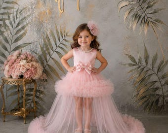 Long Tail Toddler Ball Gown with Rhinestones, Luxury Baby Girl Pageant Dress