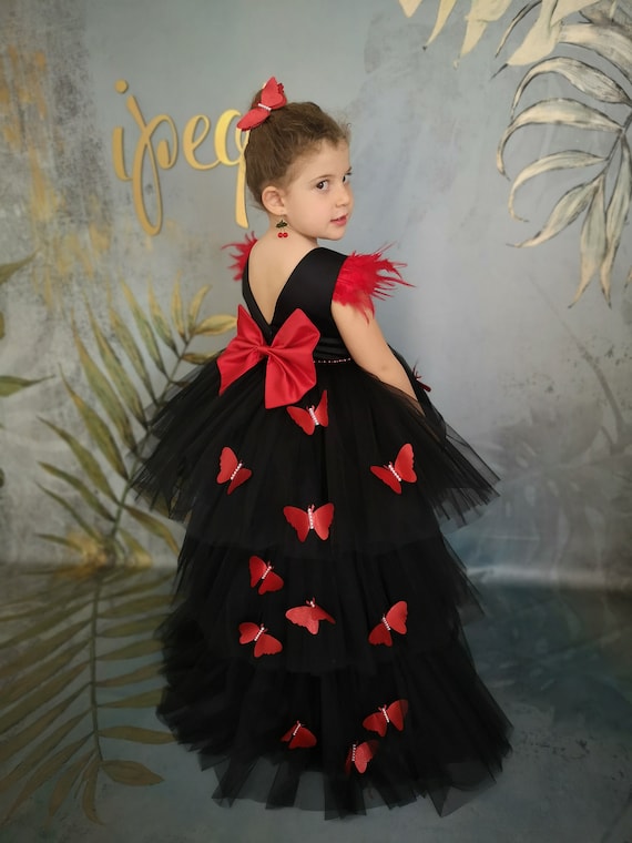 Vestido de nina rojo y negro con mariposas chaleco de concurso de bebe de tobillo vestido de nina de flores de cola larga frock para ninos pequenos atuendo de cumpleanos personalizado