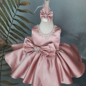Dusty Rose Puffy Satin Baby Pageant Costume, Custom Girl Garment, Flower Girl Dress, Kid Couture, Prom Gown, Birthday Frock, Toddler Outfit