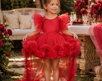 Red Flower Girl Dress with Detachable Train, Long Tail Princess Puffy Tulle Dress