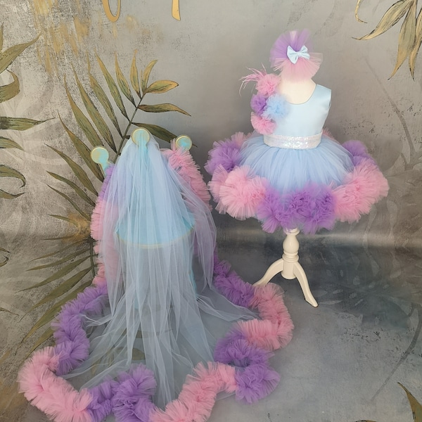 Mermaid Theme Baby Pageant Dress detachable train, Long Tail Girl Prom Gown, Flower Girl Dress, Princess frock, Toddler 1st birthday outfit