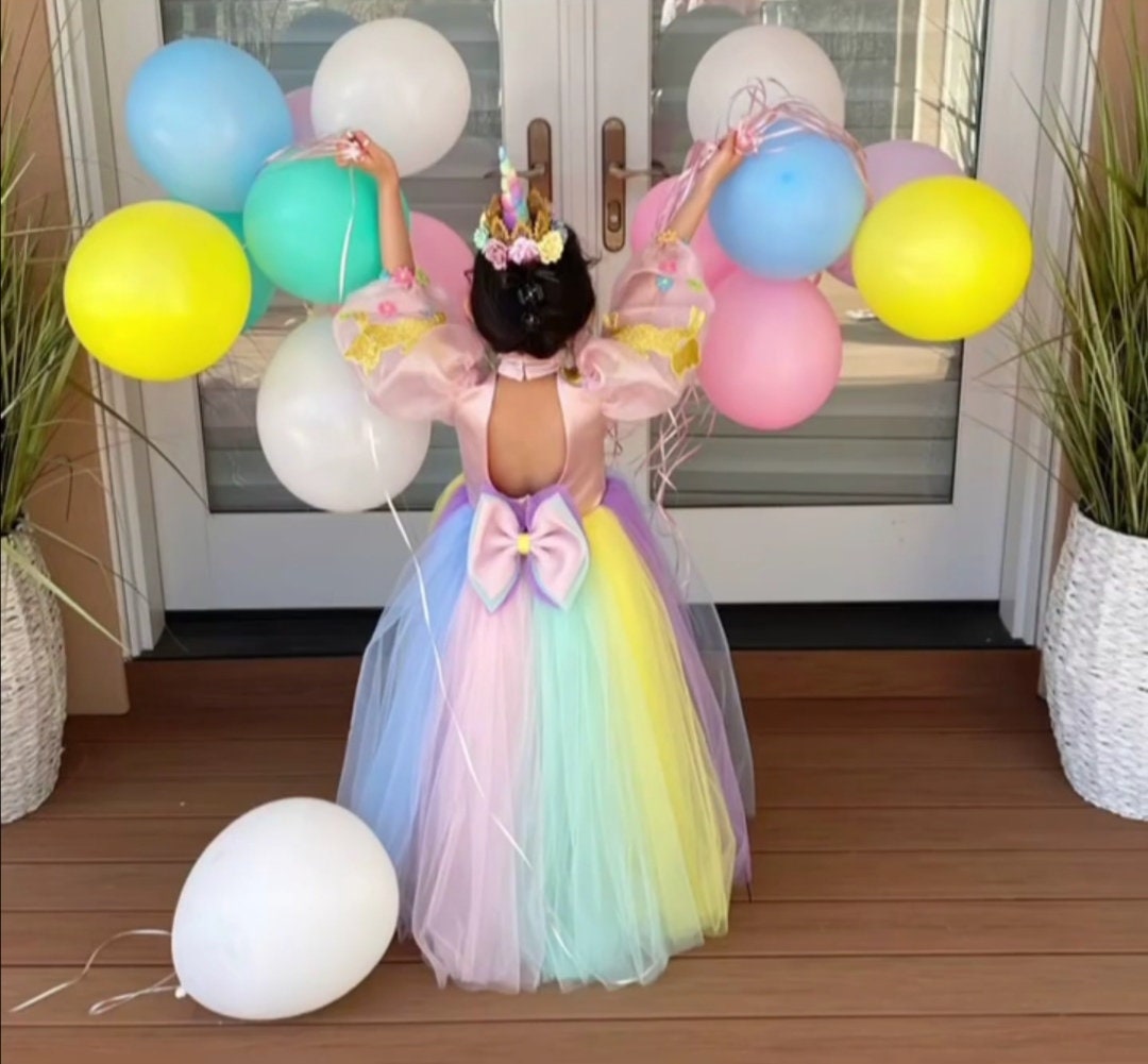 Chinese Style Ankle Unicorn Birthday Dress Set Includes Head Crown, Long Pony Theme Colourful Costume, Rainbow Babygirl Tutu