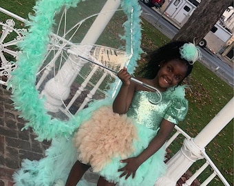 Mint Baby Girl Birthday Outfit with detachable train, Toddler Pageant Dress, Prom Gown