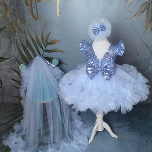 Light Blue Toddler Pageant Dress detachable train, Long Tail Girl Prom Grown, Flower Girl Dress, Princess frock, Kids birthday party outfit