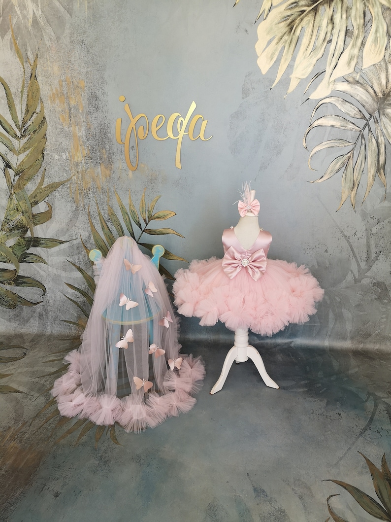 May include: A pink tulle dress with a satin bow and butterfly embellishments. The dress is on a white stand against a backdrop of a gray wall with a gold leaf design.