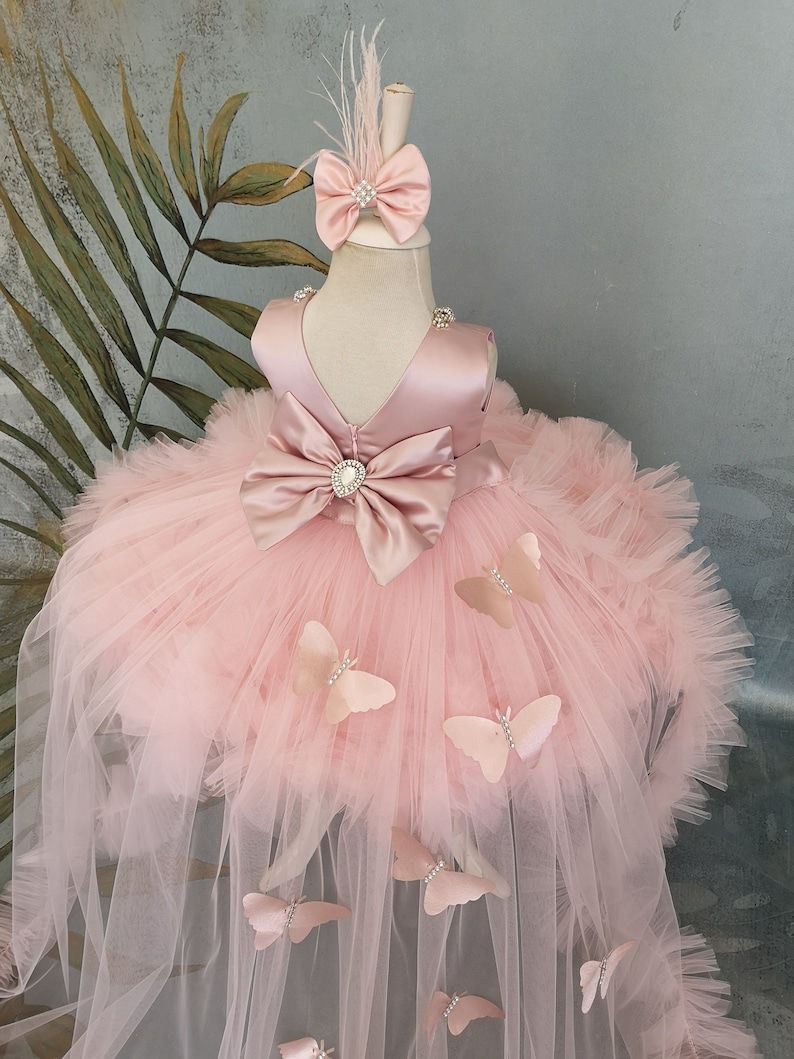 May include: A pink tulle dress with a satin bodice and a large bow in the back. The dress has a long train and is decorated with butterfly appliques. The dress is also adorned with a pink bow headband with feathers.