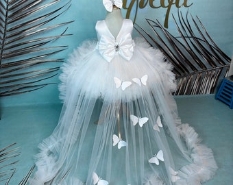 White Girl Gown Rhinestones Butterfly & Detachable Tail, Custom Baby Pageant Vesture, Flower Girl Dress, Toddler Frock, 1st Birthday Outfit