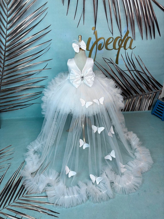 White Girl Gown Rhinestones Butterfly & Detachable Tail, Custom Baby Pageant Vesture, Flower Girl Dress, Toddler Frock, 1st Birthday Outfit