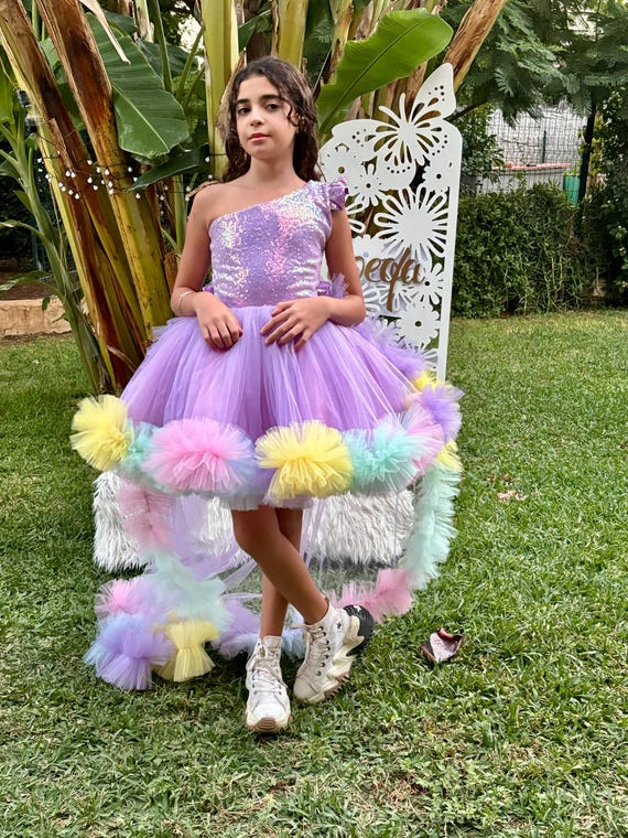 rainbow purple dress Lilac Sequined Unicorn Dress with detachable Train, Toddler Pony pageant Dress