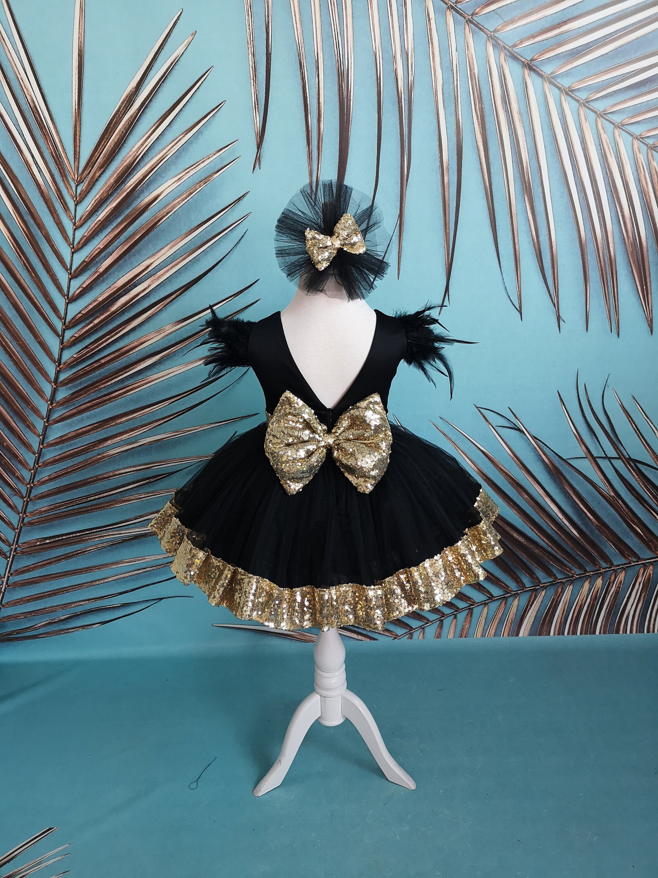 Gold Sequin Black 1st Birthday Baby Girl Dress