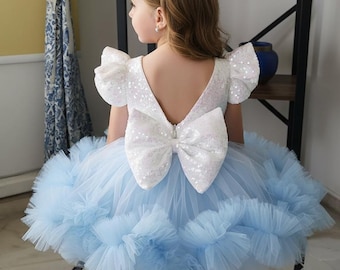 Custom Baby Blue Tulle Dress, Sequin Flower Girl Outfit, Hairband included