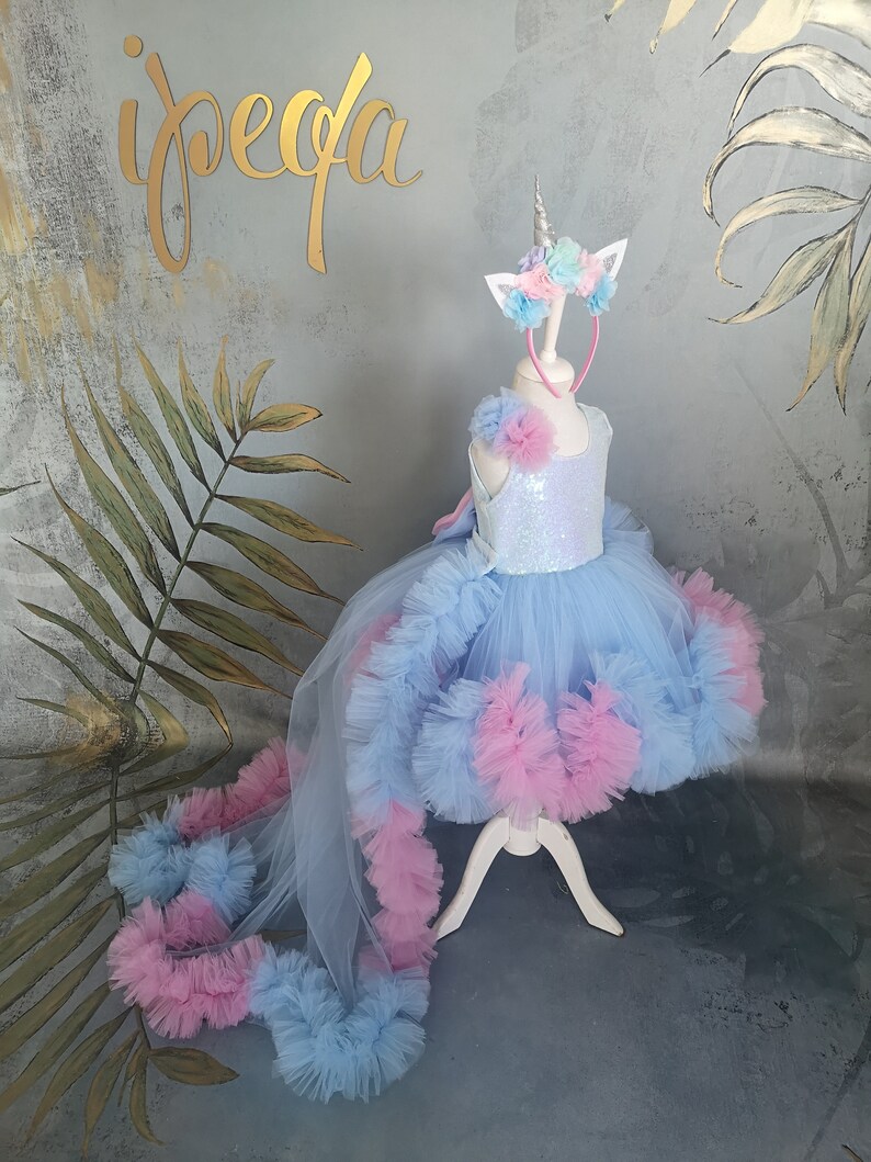 Long Tail Girl Mermaid Dress, Baby Pageant Outfit with detachable train image 4