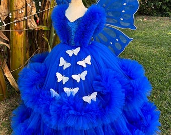 Butterfly Wing Girl Dress, Ankle Puffy Toddler Ball Gown, wing is extra, Long Baby pageant dress