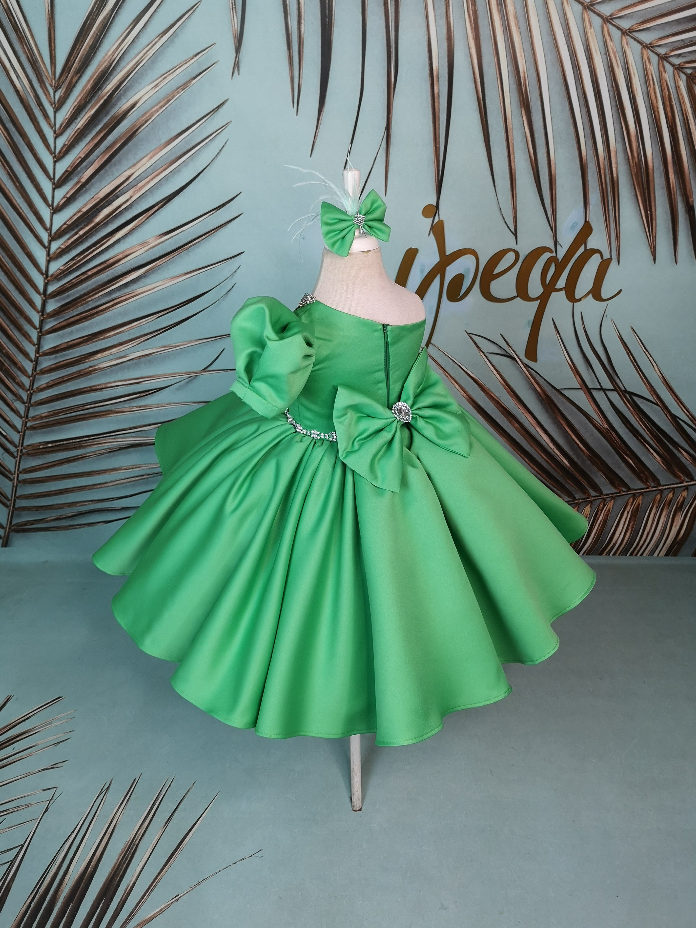 Mardi Gras Theme Green Dress. Birthday Outfit for Girls, Customizable Formal Wear