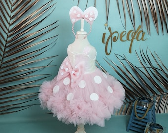 Conjunto de disfraz con vestido inspirado en Minnie Mouse rosa, vestido de bebé inspirado en Mickey Mouse, tutú para desfile de niñas pequeñas, vestido de niña de las flores, tema de primer cumpleaños