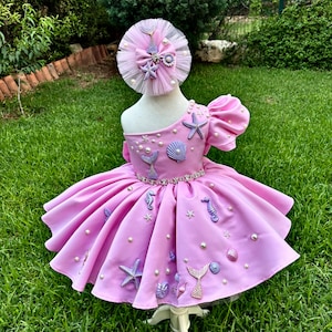 Pink Satin Mermaid theme birthday baby Costume, Custom Starfish Prom Gown, Under the sea Pageant Dress, Flower Girl Dress
