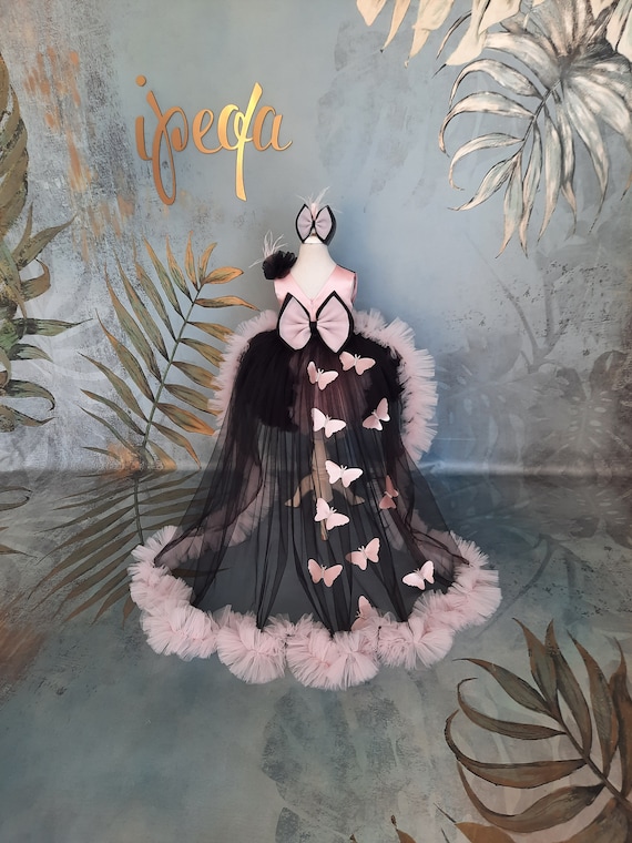 Pink Black Toodler Frock with butterflies, Butterfly Special Occasion Kid Costume, Birthday Outfit
