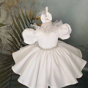 Luxus Satin Kleinkind Abendkleid Chrystals, weiße Mädchen Outfit Strass, 1. Geburtstag Kittchen, Kinder Couture für Festzug, Prinzessin Party Kleid