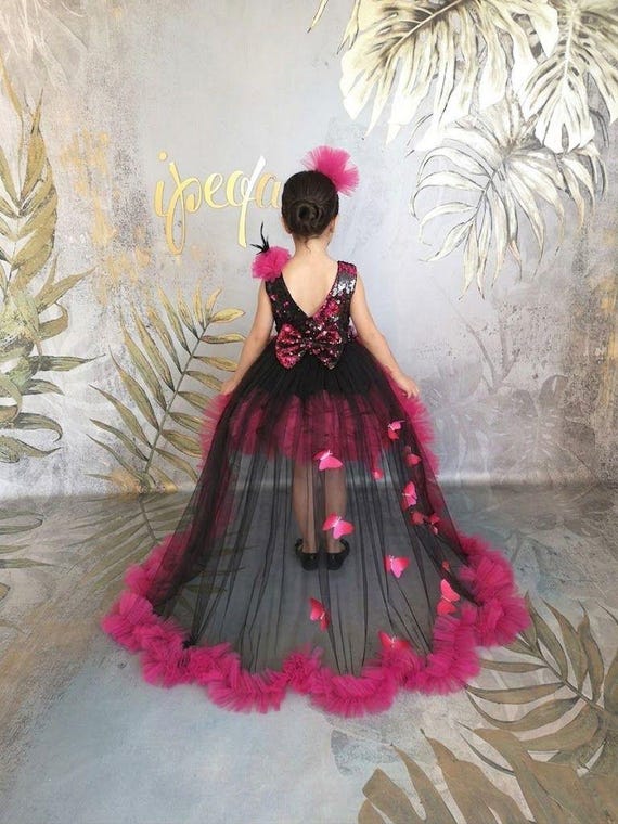 hot pink butterfly dress Sequined Dark Girl Gown and Detachable Train & Butterflies, Baby Pageant Vesture Happy New Year