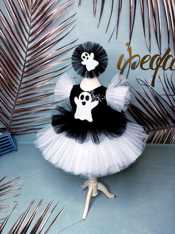 Halloween Costume Baby Ghost Tutu Dress, Casper Costume, Toddler Flower girl Dress, Custom Kid Couture, Black White Baby Frock