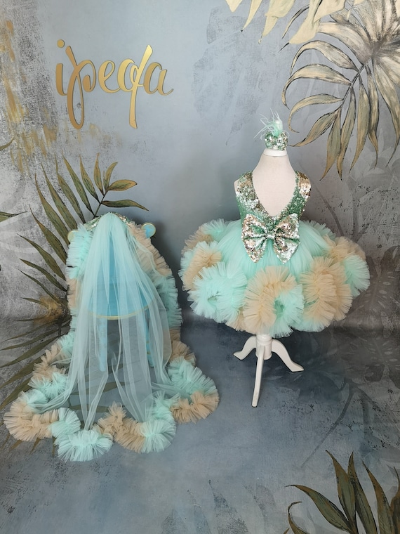 Extra Puffy 3D Sequin Baby Birthday Outfit & detachable long Tail, Flower girl Dress, Toddler Pageant Costume, 1st Birthday frock, Prom Gown Extra Puffy 3D Sequin Baby Birthday Outfit & detachable long Tail, Flower girl Dress, Toddler Pageant Costume, 1st Birthday frock, Prom Gown