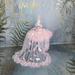 Luxury Powder Rhinestone little girl pageant dress. Butterfly toddler prom dress, kids ball gown with detachable train
