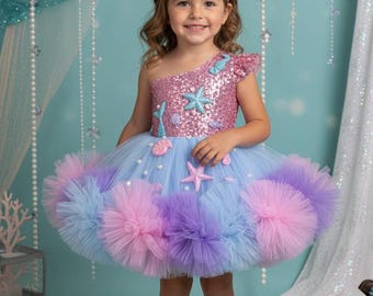 Mermaid themed toddler pageant dress, 1st birthday tutu, included detachable tail, Under the Sea Costume, Custom Starfish Prom Gown