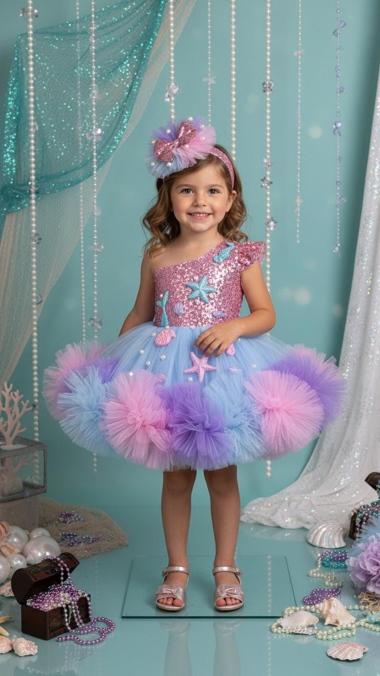 mermaid theme dress Purple Scales & Seashells and sequins Mermaid Tail Dress for Girl,