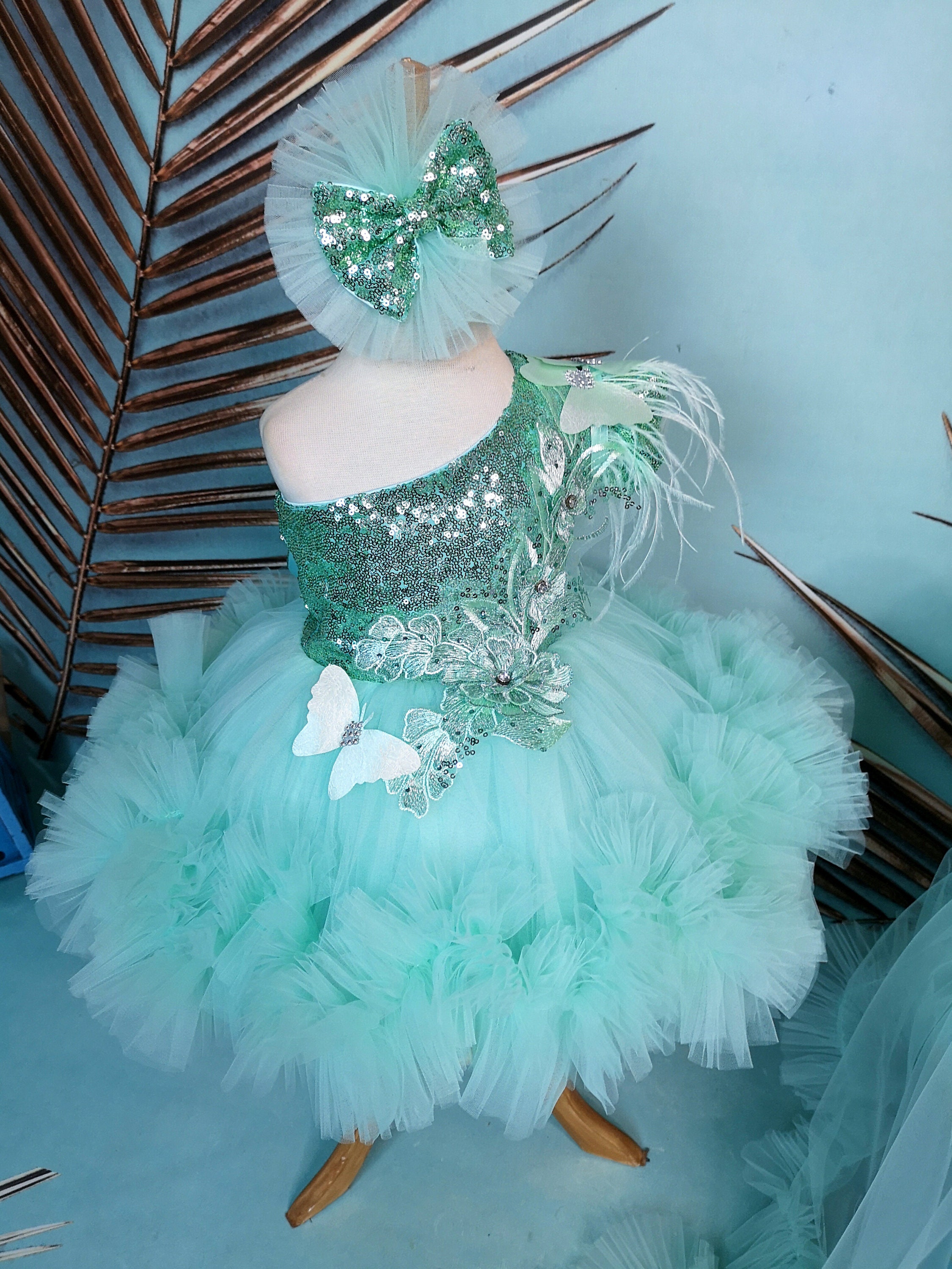 Buy Light Green Prom Gown With Butterflies Detachable Train, Long Tail Baby  Butterfly Pageant Dress, Flower Girl Birthday Outfit, Toddler Frock Online  in India - Etsy