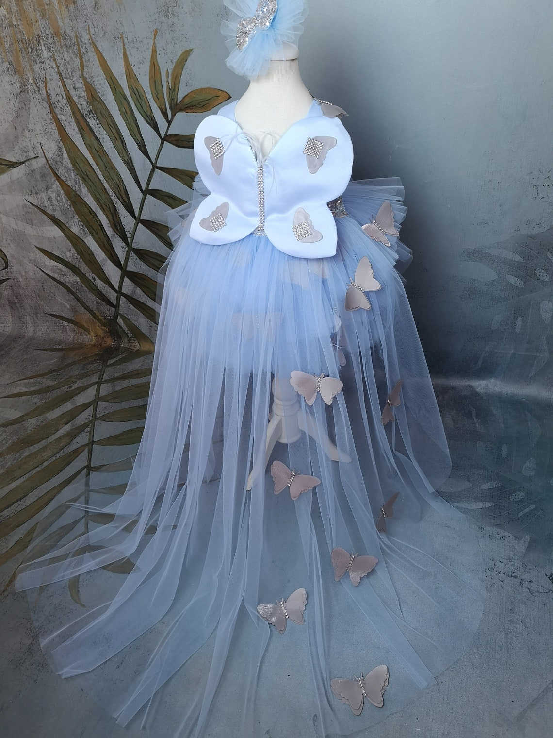 Baby Blue Butterfly Flower Girl Dress With Detchable Train Etsy