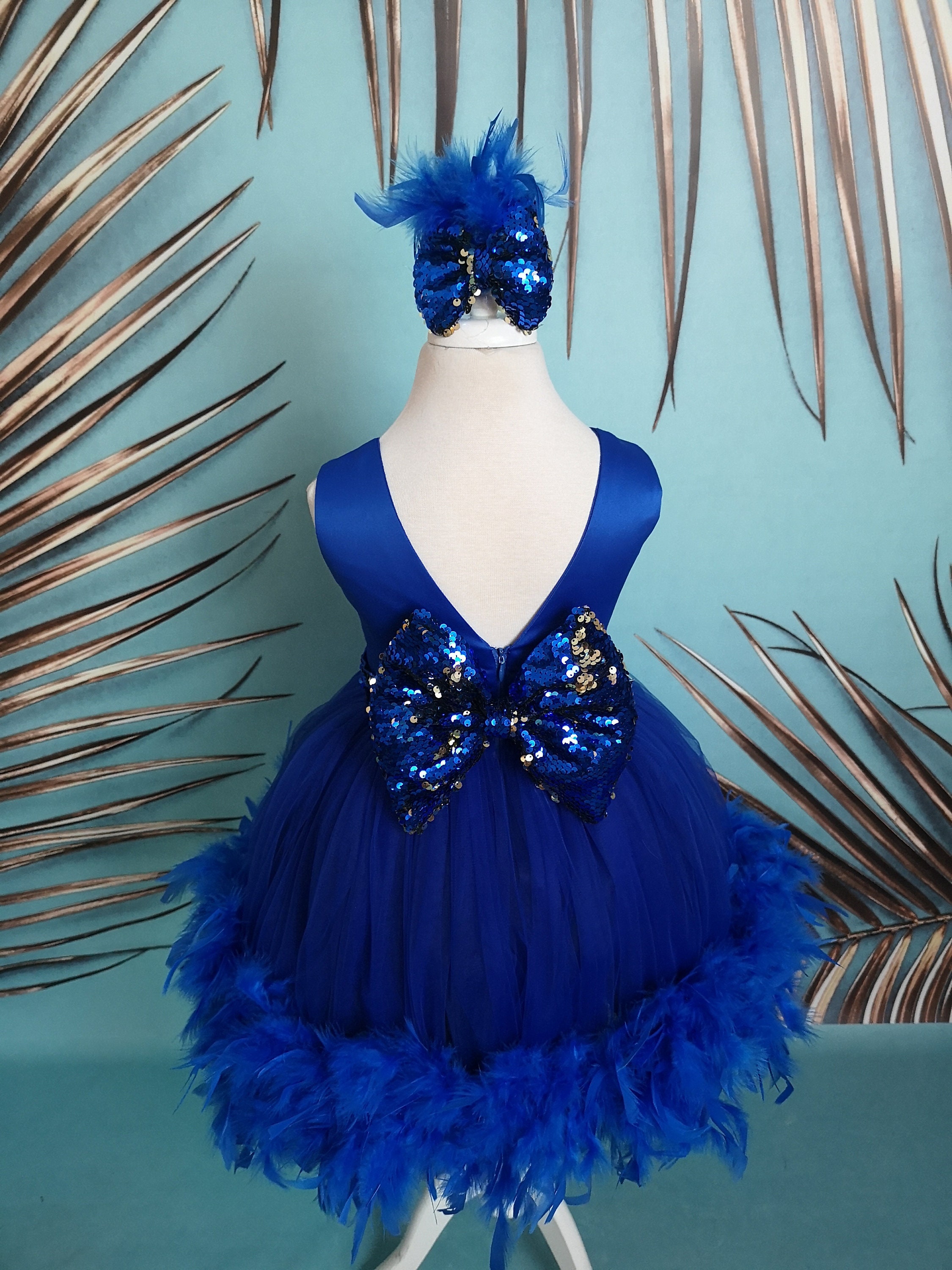 Sax Blue Girl Fur Birthday Frock, Feather Baby Shower Outfit, Flower Girl Dress, Kid Party Cloth, Princess Vesture, Baby Gown, Toddler Frock