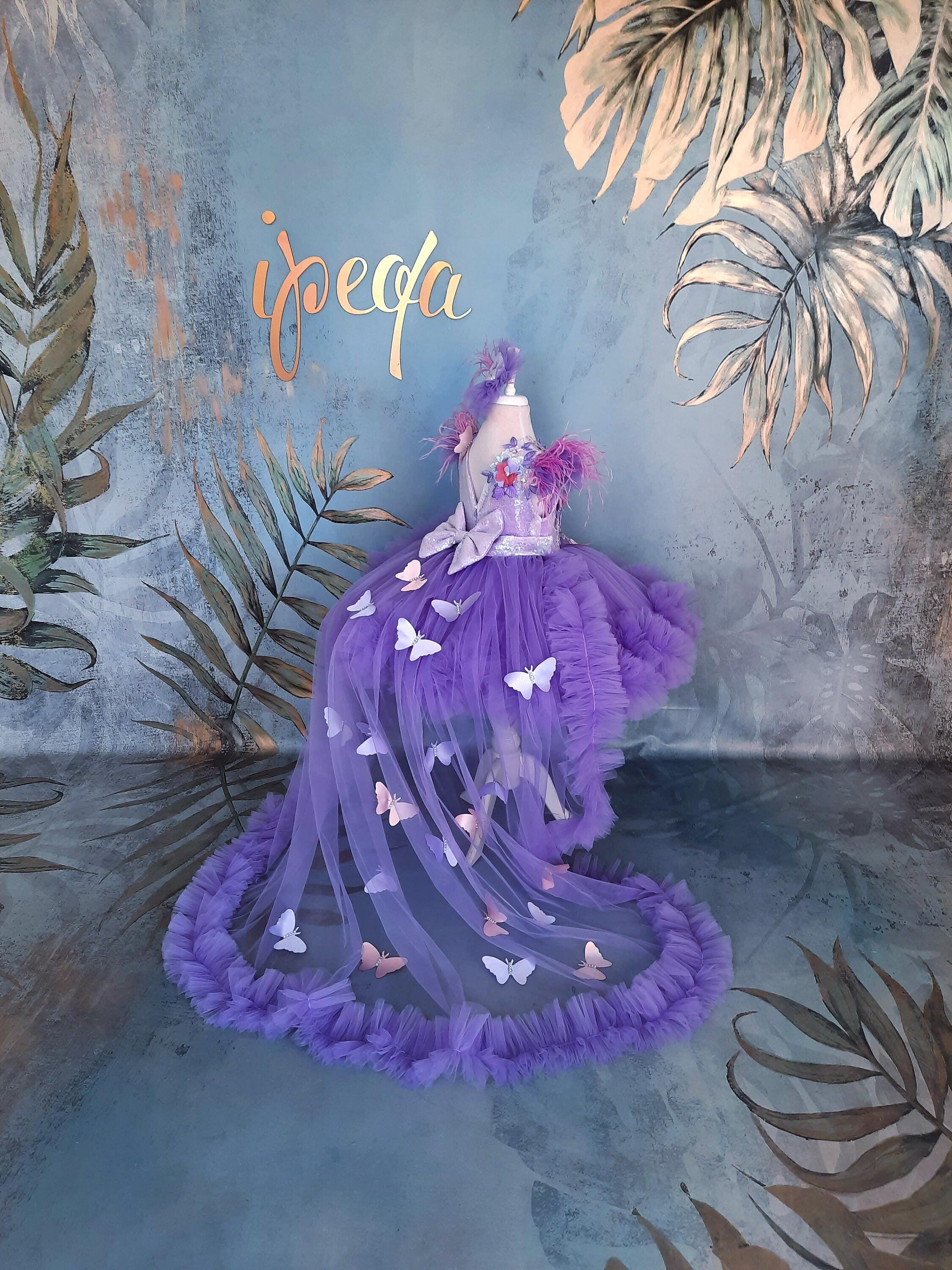 purple dress with butterflies 3D Butterfly V-Neck Short Puff Sleeve Dress by Juliet 901