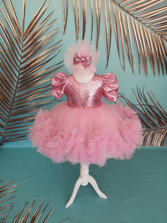 Vestido de niña de flores de lentejuelas rosas, tela de 1er cumpleaños,  traje de primer cumpleaños, tela de fiesta para niños pequeños, vestimenta  de princesa elegante, tutú de niña -  España