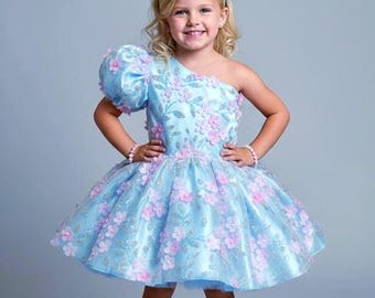 Handmade Baby Blue and Pink Tulle Toddler Dress, Flower Detail Princess Outfit