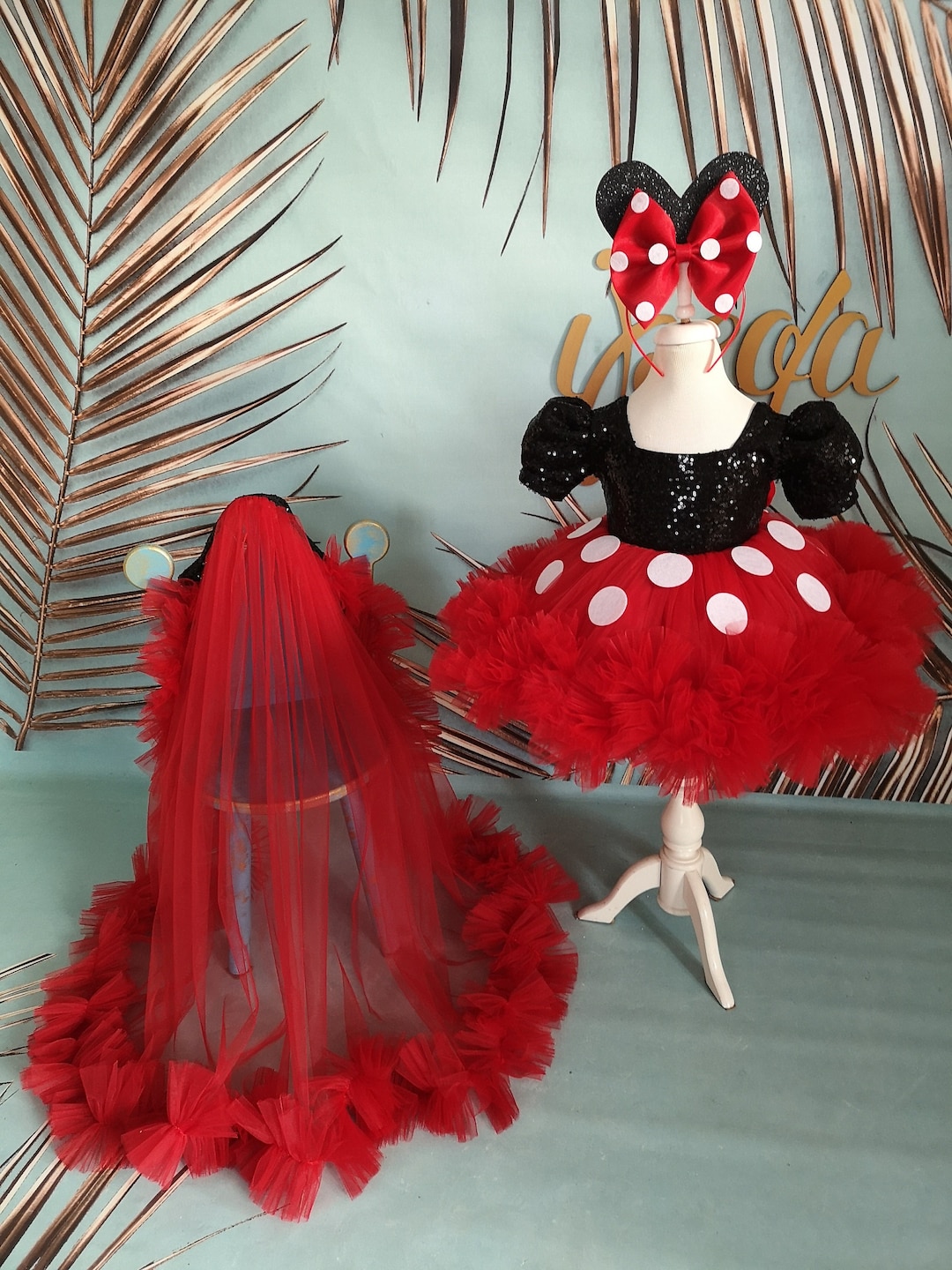 Conjunto de disfraz de bebe inspirado en Mickey Mouse vestido de nina de las flores negro y rojo atuendo con tematica de primer cumpleanos inspirado