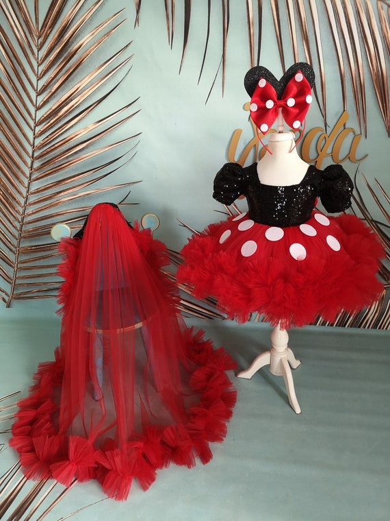 Set di costumi per bambini ispirati a Topolino, abito da ragazza di fiori  rosso nero, abiti da spettacolo per bambini ispirati al tema del primo  compleanno ispirato a Minnie Mouse 