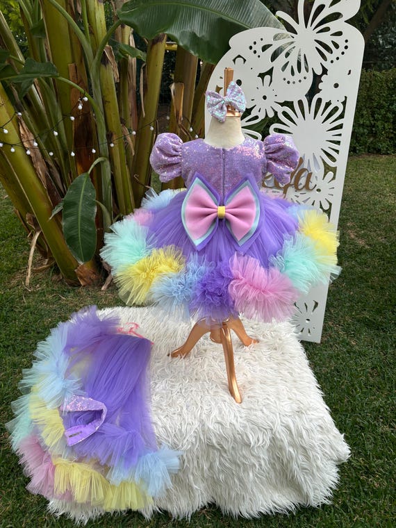 Rainbow Kiddie Prom Dresses with detachable Train, Toddler Ball Gown, Unicorn Theme Dress