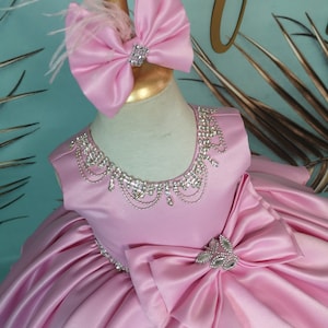 Pink Satin Puffy Dress with rhinestones | Baby Girl Prom Dress | Bow Detail Flower Girl Dress |